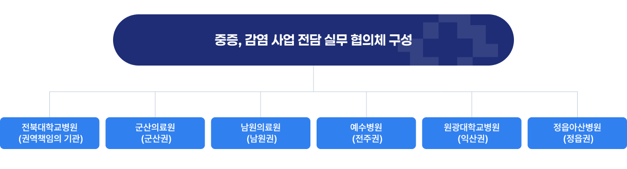 중증, 감염 사업 전담 실무 협의체 구성 조직도 이미지입니다. 중증, 감염 사업 전담 실무 협의체 구성 하위로 전북대학교병원(권역책임의 기관), 군산의료원(군산권), 남원의료원(남원권), 예수병원(전주권), 원광대학교병원(익산권), 정읍아산병원(정읍권)이 있습니다.